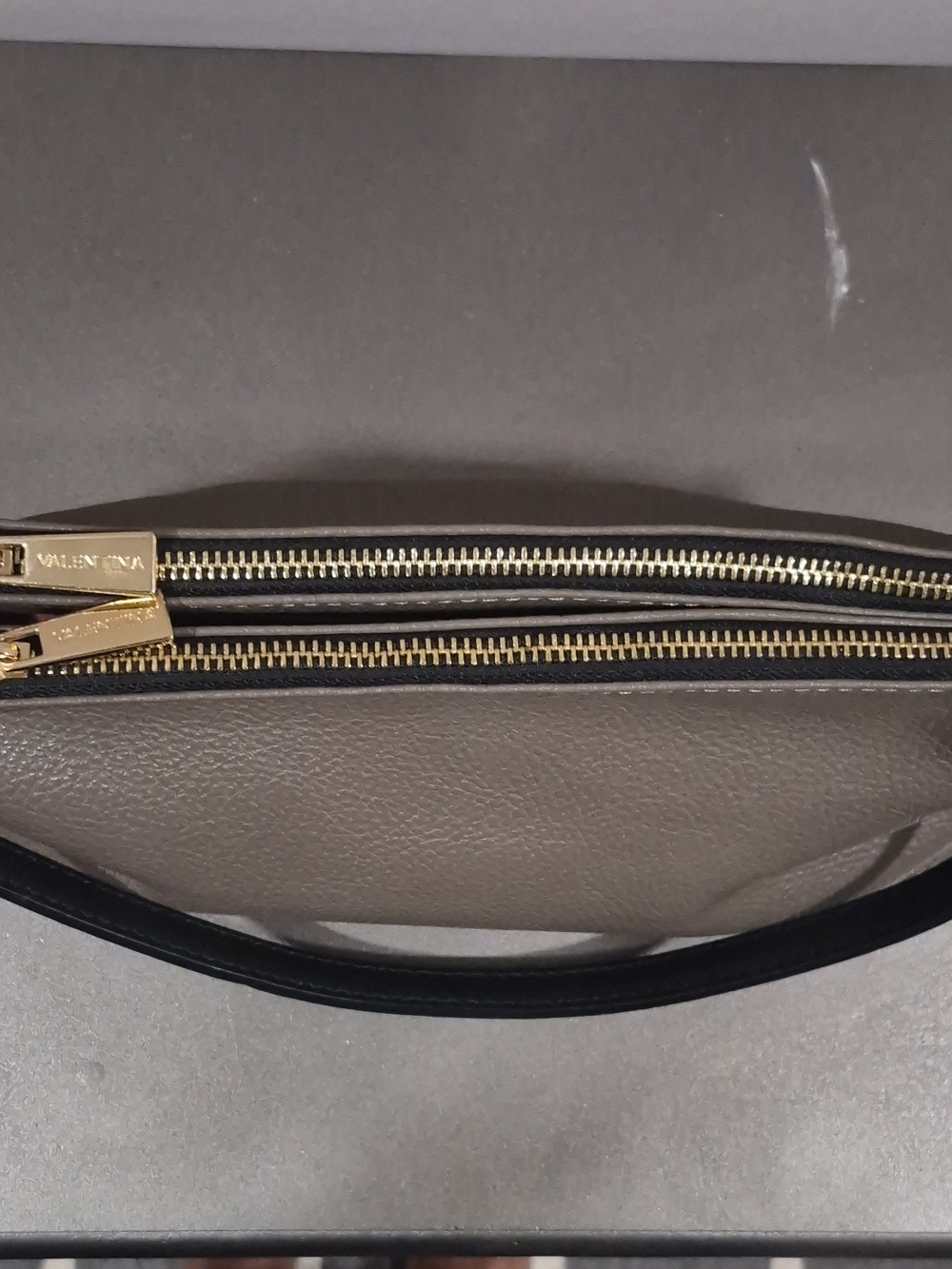 Valentina Taupe and Black Leather Double-Zip Shoulder Bag with Gold Hardware